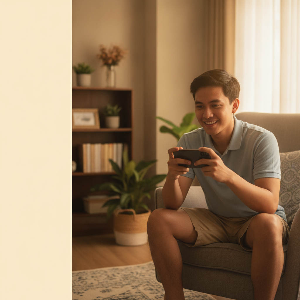 Filipino player using smartphone to access online casino platform at home